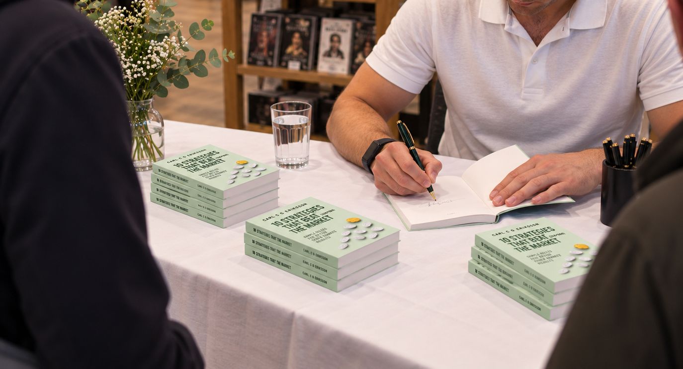 Carl C.G. Eriksson signing a copy at a table in a bookshop, with stacks of the book in front of him